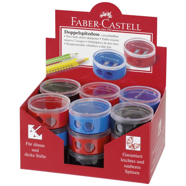 Ascutitoare plastic dubla cu container twist off rosie/albastra faber-castell