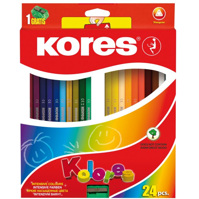Creioane colorate 24 culori cu ascutitoare triunghiulare kores