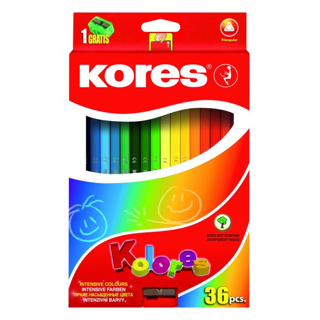 Creioane colorate 36 culori cu ascutitoare triunghiulare kores
