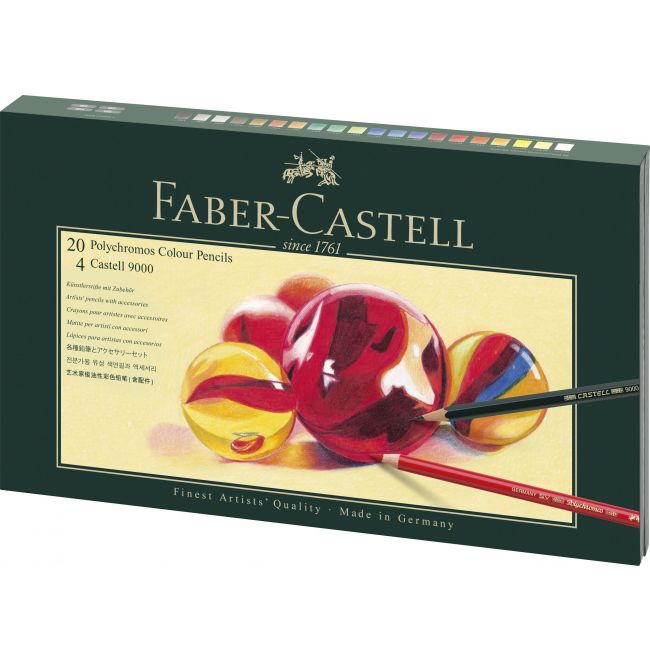 Set cadou 20 creioane colorate polychromos cu 4 creioane grafit castell si accesorii faber-castell
