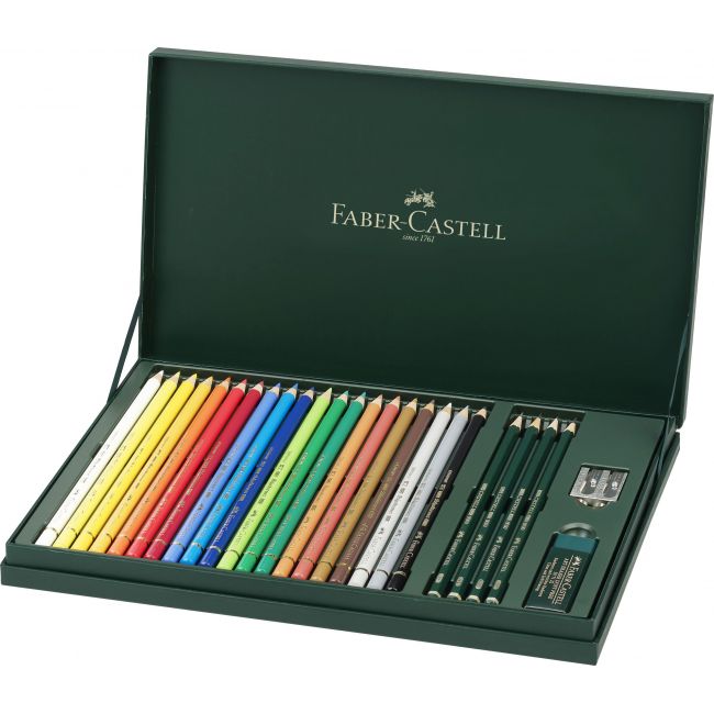 Set cadou 20 creioane colorate polychromos cu 4 creioane grafit castell si accesorii faber-castell