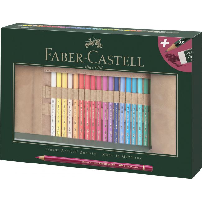 Rollup 30 creioane colorate polychromos si 3 creioane castell 9000 faber-castell