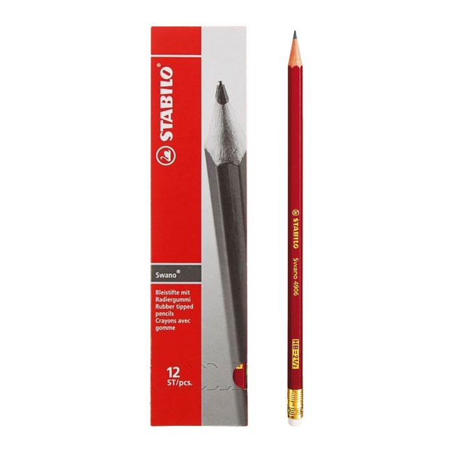 Creion grafit stabilo swano 4906, mina hb, cu radiera, rosu, ascutit, 12 bucati/cutie
