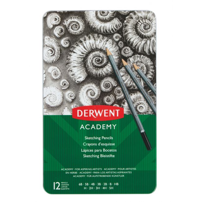 Set 12 buc creioane grafit 6b-5h cutie metal derwent academy