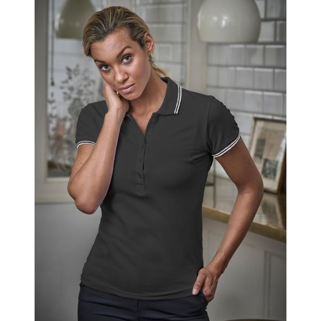 Ladies luxury stripe stretch polo dark grey/white marimea 3xl