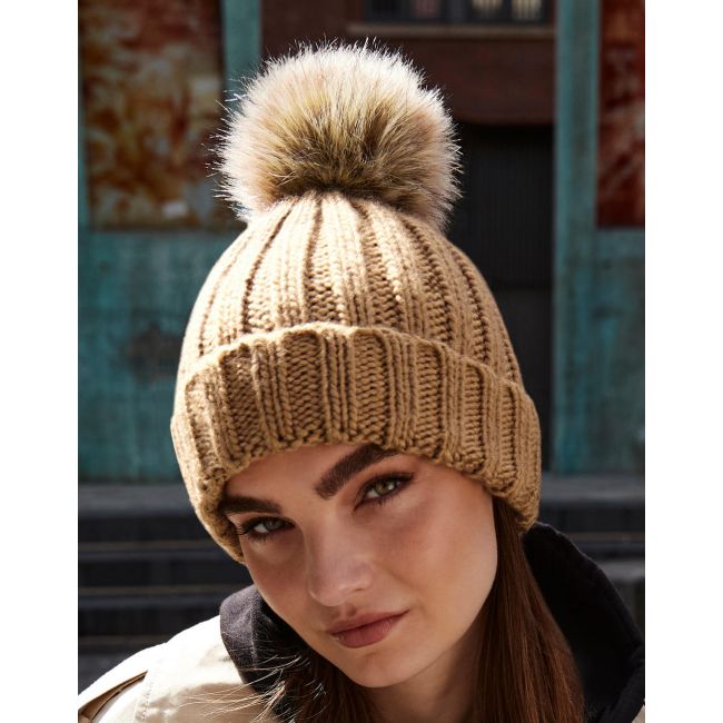 Fur pop pom chunky beanie mustard marimea one size