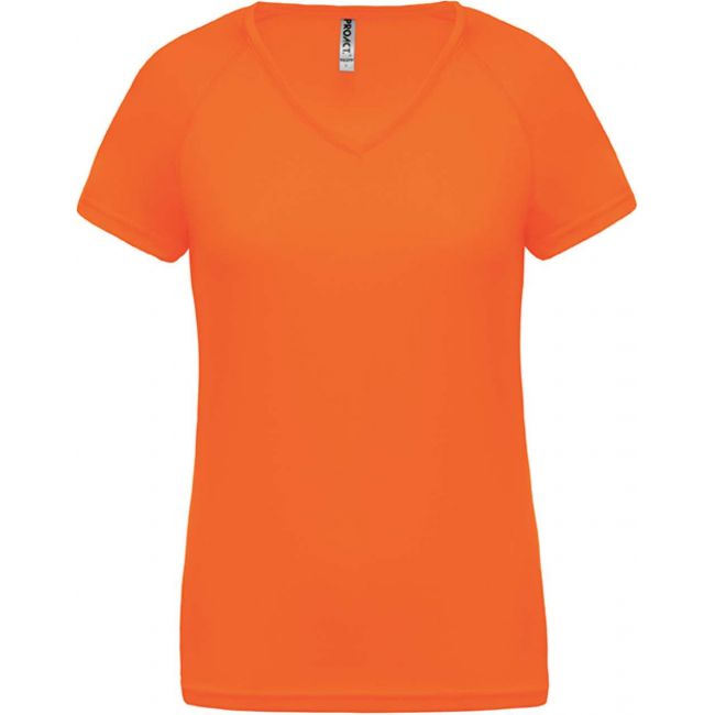 Ladies’ v-neck short sleeve sports t-shirt culoare fluorescent orange marimea xs