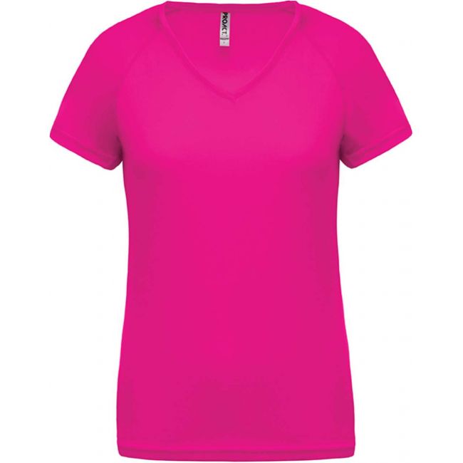 Ladies’ v-neck short sleeve sports t-shirt culoare fuchsia marimea xs