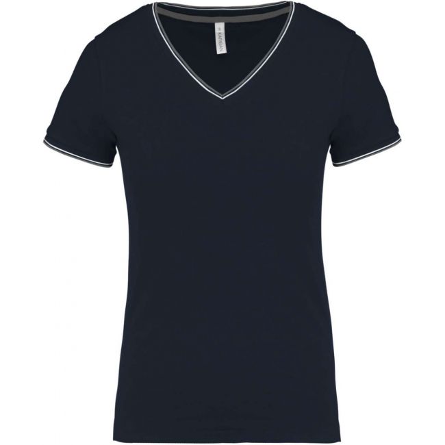 Ladies' piquÉ knit v-neck t-shirt culoare navy/light grey/white marimea l