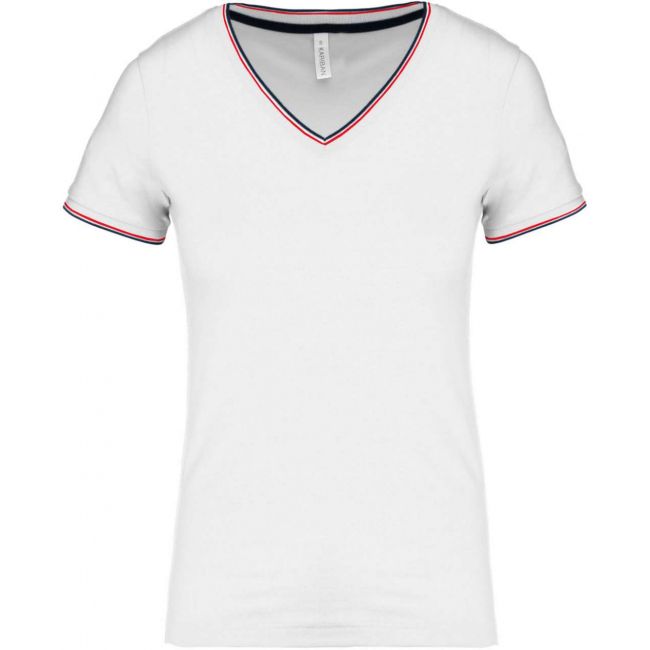 Ladies' piquÉ knit v-neck t-shirt culoare white/navy/red marimea l