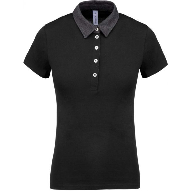 Ladies' two-tone jersey polo shirt culoare black/dark grey heather marimea xs