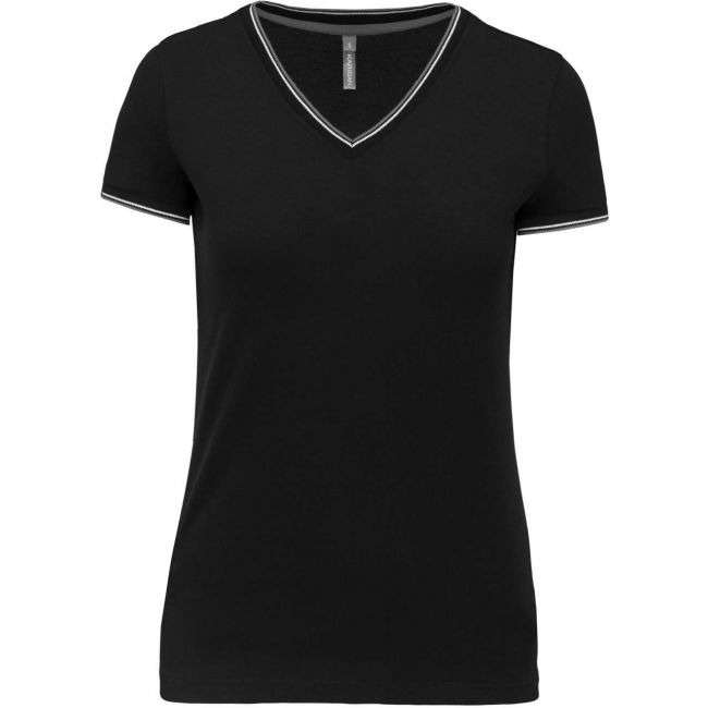 Ladies' piquÉ knit v-neck t-shirt culoare black/light grey/white marimea s