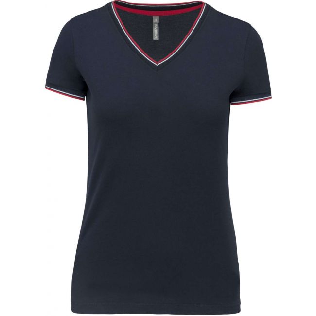 Ladies' piquÉ knit v-neck t-shirt culoare navy/red/white marimea 2xl