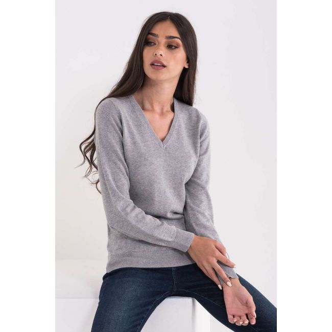 Ladies’ v-neck fine gauge cotton pullover culoare light melange grey marimea 3xl