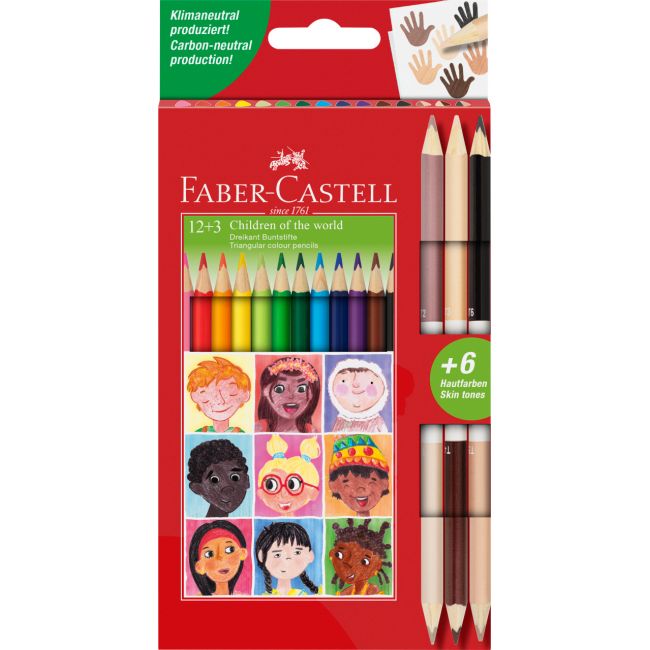 Creioane colorate 12+3 cr. bicolore piele children of the world faber-castell