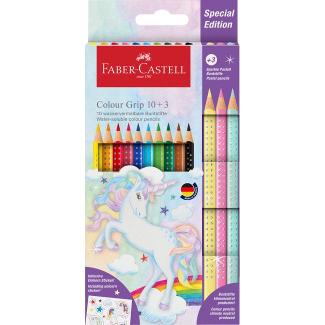 Set promo creioane colorate 10+3 culori grip 2001 unicorni faber-castell