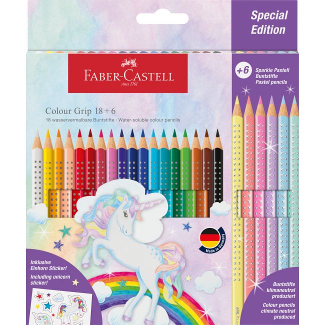 Set promo creioane colorate 18+6 culori grip 2001 unicorni faber-castell