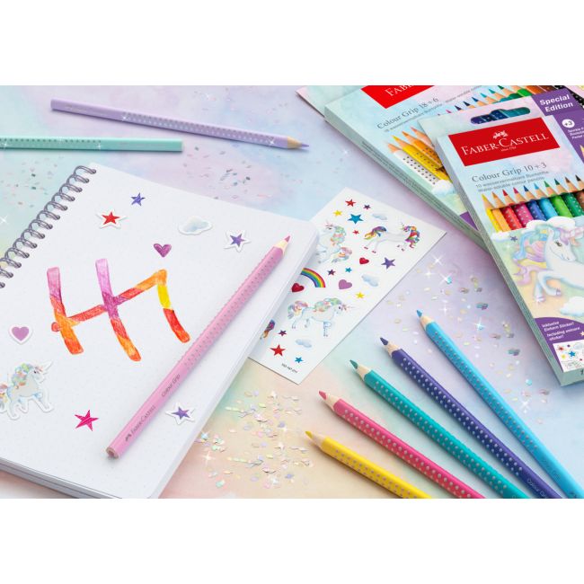 Set promo creioane colorate 18+6 culori grip 2001 unicorni faber-castell