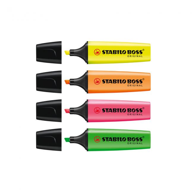 Textmarker stabilo boss, varf 2-5 mm, 4 culori/set ( galben, portocaliu, verde, roz)