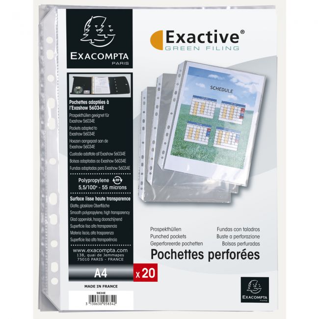File protectie exacompta exactive, pp, cristal, portrait, a4, 20 bucati/set