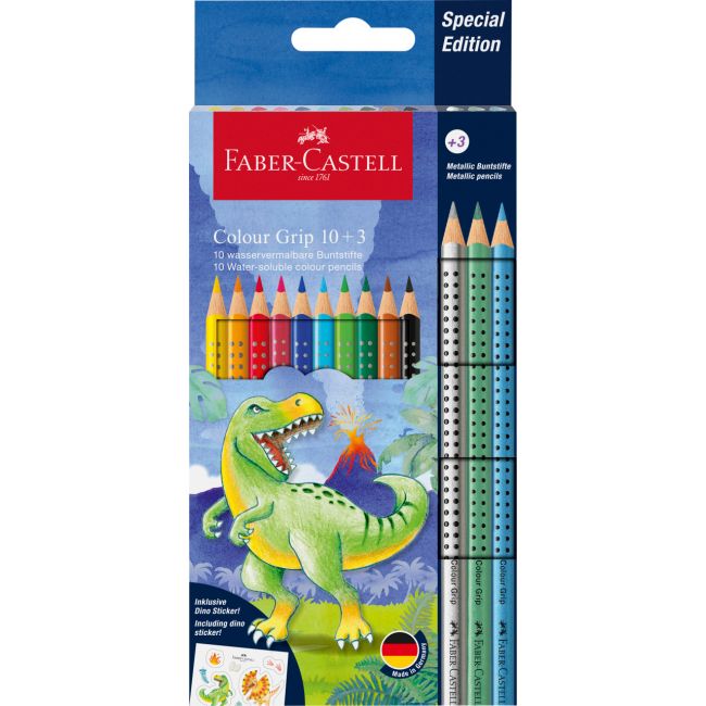 Set promo creioane colorate 10+3 culori grip 2001 dinozauri faber-castell