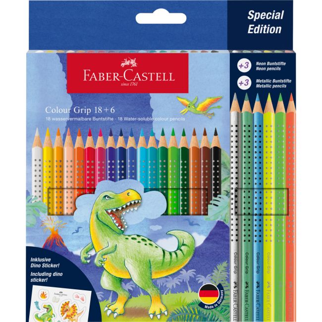 Set promo creioane colorate 18+6 culori grip 2001 dinozauri faber-castell