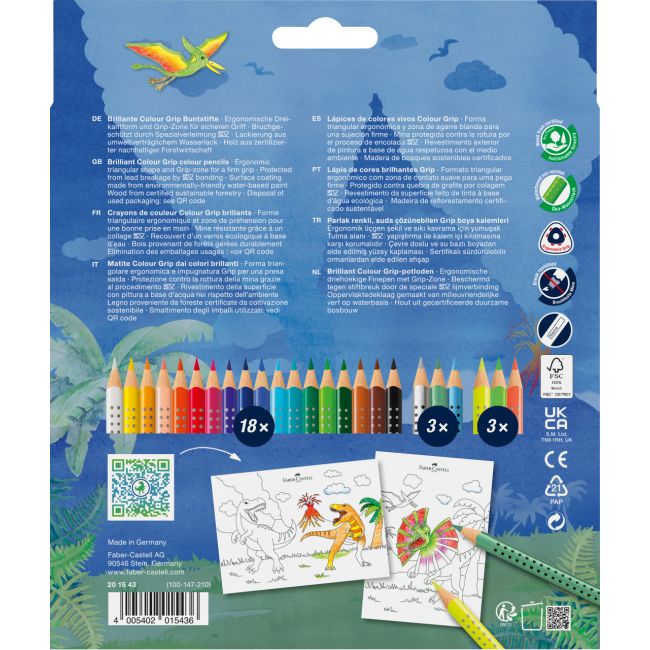 Set promo creioane colorate 18+6 culori grip 2001 dinozauri faber-castell
