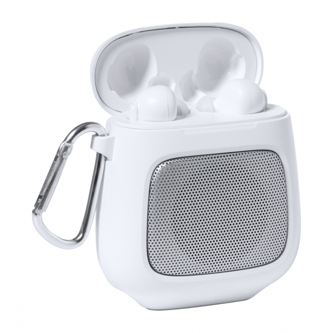 Boxy bluetooth speaker with earphones