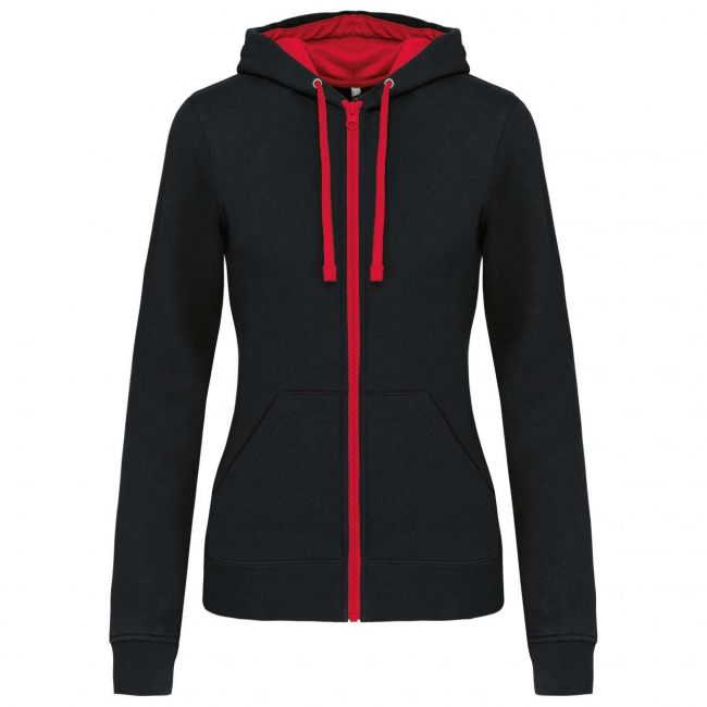 Ladies’ contrast hooded full zip sweatshirt culoare black/red marimea xl