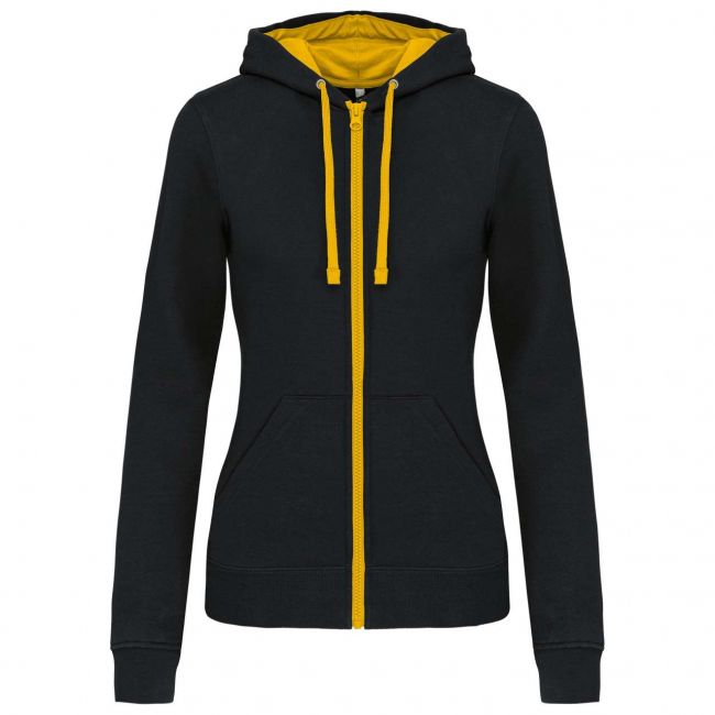 Ladies’ contrast hooded full zip sweatshirt culoare black/yellow marimea l