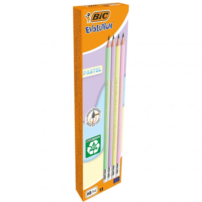 Creion grafit hb cu guma eco evolution pastel 12/cut bic