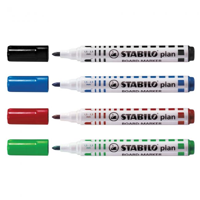 Marker pentru tabla stabilo plan 64, varf rotund, 2.5-3.5mm, 4 bucati/set ( negru, rosu, albastru, verde)