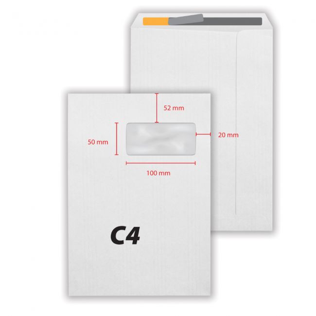 Plic c4, 229 x 324 mm, fereastra dreapta 50 x 100 mm, alb, banda silicon, 80 g/mp, 250 bucati/cutie