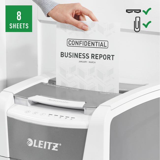 Distrugator documente automat leitz iq office, p4, cross-cut (confeti), 150 coli, cos 44l, alb-gri