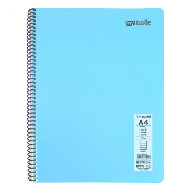 Caiet cu spira mynote, format a4, 60 file offset 60 g/mp, liniatura dictando, coperta pp pastel, mix de 8 culori