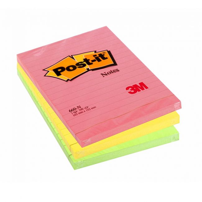 Notite adezive, post-it, liniate, mix de culori, 102 x 152 mm, 100 file