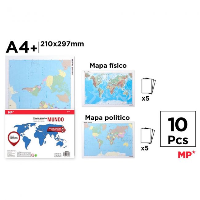 Set harta lumii main paper, a4, politica si fizica, contine marile si oceanele, 10 bucati/set